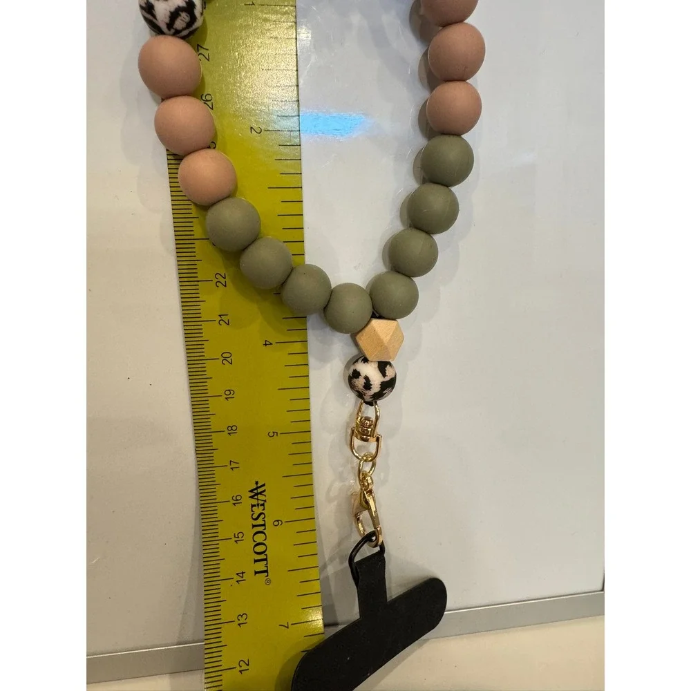 Silicone Bead Wristlet Keychain Leopard Print Sage Green Phone Tether Gold Clasp